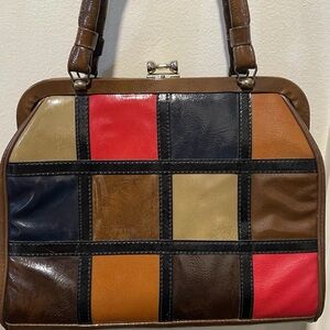 Vintage 1960s MidMod 15” Geometric vinyl Patchwork Bag with Kisslock